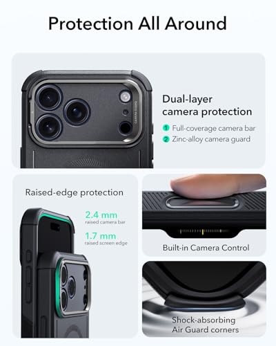 ESR for iPhone 17 Pro Phone Case with Stand, 23ft Military-Grade Drop Protection with Camera Control, Shock-Absorbing Rugged Cover, Compatible with MagSafe Accessories, Cyber Series, Black
