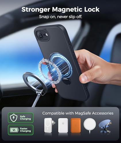 FNTCASE for iPhone 17e Case: iPhone 16e Phone Case [360 Spin Magnetic Stand] [Compatible with Magsafe] [Screen Protector] Translucent Matte Military Grade Shockproof Protective Phone Cover Black