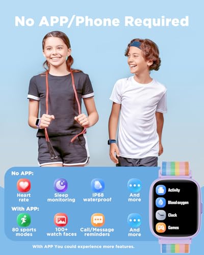 BIGGERFIVE Smart Watch for Kids, 1.8" Fitness Tracker Watch Pedometer, Heart Rate, IP68 Waterproof, Sleep Monitor, Calorie Step Counter, 5 Puzzle Games with/Without APP for Girls Teens 5-16, Nylon