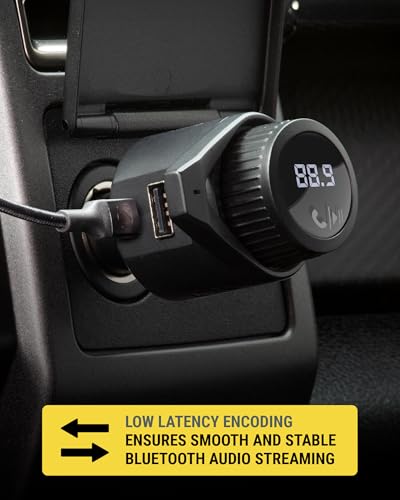 Scosche BTFM9 FM Bluetooth Transmitter Car, Dual 12W USB-C and USB-A Charging Ports, Fast Type C Car Charger, Wireless Radio Bluetooth Adapter, Hands-Free Kit for Calls, Siri and Google Assistant