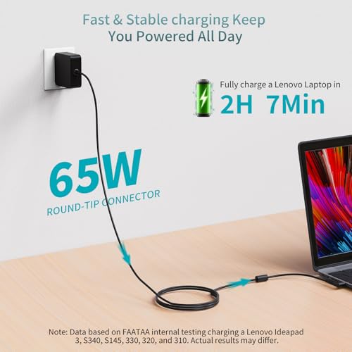 Charger for Lenovo Laptop IdeaPad 1/3/5 Slim 3/3i Flex 5 (14 15 16 Inch) V14 V15 V17 S145 S340 S540 320 320S 330 330S Lengthened Power Cord Round Tip AC Adapter 65W 45W