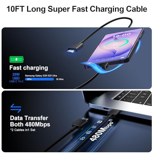 Super Fast Charger Type C, 25W USB C Wall Charger Fast Charging for Samsung Galaxy S26 Ultra/S26/S26+/S25 Ultra/S25/24 Ultra/S24/S23 Ultra/S22 Ultra with 10FT Long Android Type C Charger Cable 2Pack