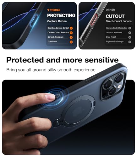TORRAS Upgraded 360 Spin Magnetic Stand for iPhone 16 Pro Case, Fit for MagSafe, Built-in Kickstand, Camera Control, Mil-Grade Protective Soft Edge Translucent Case for iPhone 16 Pro, Black 6.3''