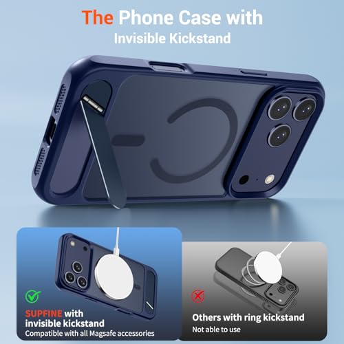 SUPFINE Magnetic for iPhone 17 Pro Case (Built-in Invisible Kickstand)(Compatible with MagSafe)(Military Grade Drop Protection) Translucent Matte Shockproof Phone Cover,Deep Blue