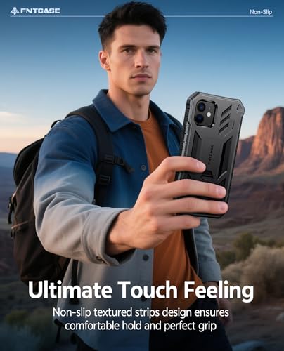 FNTCASE for iPhone 12 Phone Case: for iPhone 12 Pro Phone Case Military Grade Drop Proof Rugged Protective Cover with Kickstand | Matte Textured Shockproof TPU Hybrid Bumper Cases 6.1 inch - Black