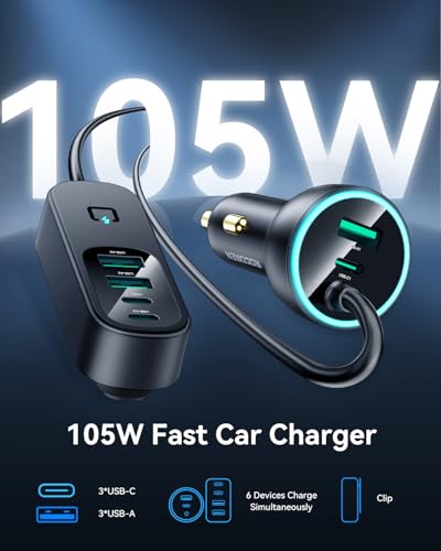 Rocoren 105W 6-Port Multiport Car Charger, PD Fast USB C Car Charger for Multiple Devices,Cigarette Lighter Adapter Car Travel Essentials for Road Trips with 5FT Cable,Car Accessories for iPhone 17/16
