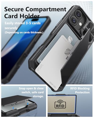 ATATOO for iPhone 16 Case with Card Holder (Store 3-5 Cards) [RFID Blocking] & Slide Camera Cover, Military Grade Protection, Rugged Silicone Wallet Case for iPhone 16 6.1" 2024, Black