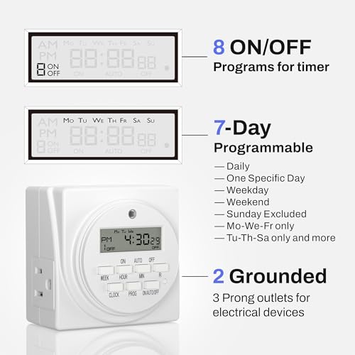 BN-LINK Indoor Digital Timer Outlet, Dual Outlet 7 Day Programmable Light Switch, 3 Prong Plug in Timers for Electrical Outlets, Lamps, Fans, 8 On/Off Programs, 1 Pack, 15A/1875W, ETL Listed
