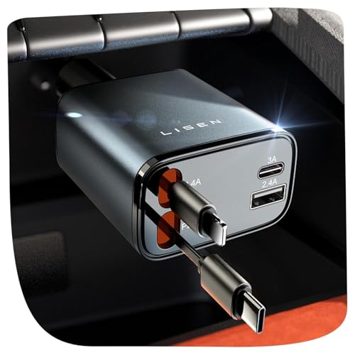 LISEN Retractable Car Charger, 84W Car Charger USB C Fast Charger, Cigarette Lighter USB Charger Adapter, Car Accessories Birthday Gifts for Men Women Dad Mom Husband, for iPhone 17 16 15 14 13 12 11