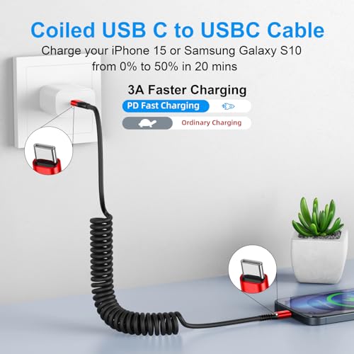 USB C Cable 3ft 2Pack USB C to USB C Charger Cable for Car, Coiled Type C Fast Charging Cable for iPhone 17/16/15/Plus/Pro/Pro Max/MacBook Pro 2020/iPad Pro 2020/iPad Air 4/Samsung Galaxy S23-Red