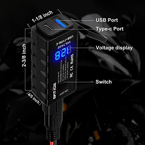 Motorcycle USB Charger SAE to USB Adapter Type C and Quick Charge USB 3.0 with Voltmeter, ON/Off Switch and 3.6FT SAE Extension Cable Waterproof 3 Install Options for GPS Smartphone Camera
