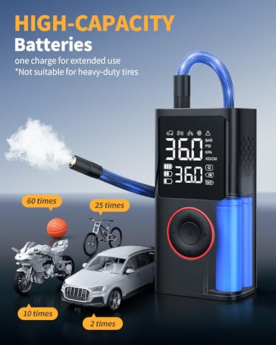 Powools Tire Inflator Portable Air Compressor, 150 PSI Cordless Bike Pump, Air Pump for Auto, Motorcycle, Bicycle, Balls with Pressure Gauge, LED Light & Car Accessories, Black, Standard Capacity