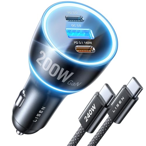 LISEN 200W Car Charger USB C Fast Charge [GaN] PD 140W Fast Car Charger USB C, Cigarette Lighter Adapter for Multi Device, for iPhone 17 16 15 14 13 12, MacBook Pro, Laptop, iPad, Samsung S26 S25