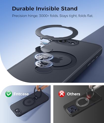 FNTCASE for iPhone 17e Case: iPhone 16e Phone Case [360 Spin Magnetic Stand] [Compatible with Magsafe] [Screen Protector] Translucent Matte Military Grade Shockproof Protective Phone Cover Black