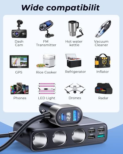 9 in 1 Cigarette Lighter Splitter, JOYROOM 210W Cigarette Lighter Adapter with PD/QC 3.0 * 2 Charge(3.3FT Cable), 12V/24V Independent Switches DC Cigarette Outlet Car Charger for All Car Devices