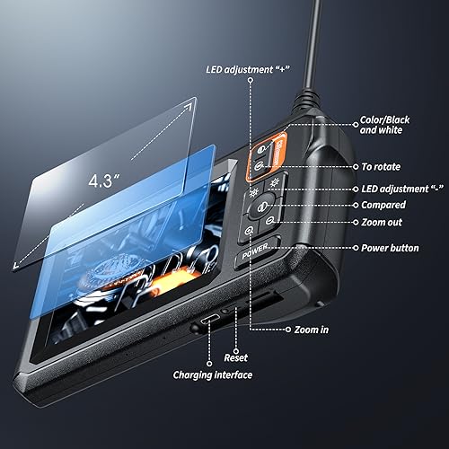 Endoscope Camera with Light, Inspection Borescope Camera with 4.3" IPS Screen, 1920P HD with 8 LED Lights, 16.5FT Semi-Rigid Cord Bore Scope, IP67 Waterproof Endoscope for Sewer, Tools(Orange)
