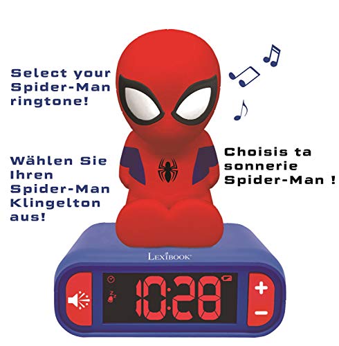 LEXiBOOK, Spider-Man Nightlight Alarm Clock, RL800SP | Sounds & Melodies, LCD Backlit screen, Luminous, Snooze, Blue
