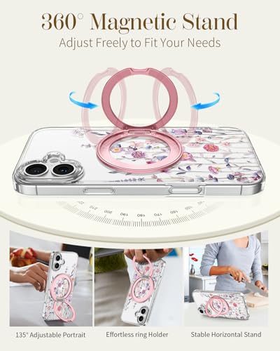 Loheckle for iPhone 17 Case with Stand- Compatible with MagSafe Women Girls Cute Clear Girly Aesthetic Unique Design Soft TPU Magnetic Ring Phone Cover for Apple 17, Purple Flower