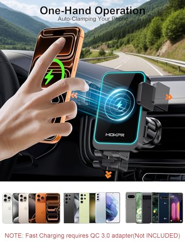 MOKPR Wireless Car Charger, Auto Clamping Car Charger Dash Windshield Air Vent Phone Holder Compatible with iPhone 17 16 15 14/13/13 Pro/12 pro/12/11/X/8, Samsung S24/S23/S22