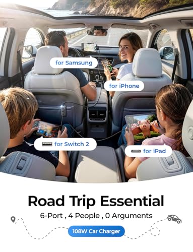 AINOPE 108W Multiple Ports Car Charger, Cigarette Lighter USB Charger, PD&QC Car Charger Adapter Fast Charging for iPhone 17 [+5FT Cable], 12V Road Trip Essentials for Kids, Car Accesories