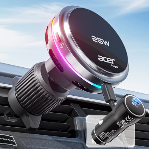 Acer Gadget 25W for MagSafe Car Mount Charger, Wireless Car Charger with Cooling Fan & Backlight, Vent Phone Mount with 45W Car Adapter, 360° Rotation Magnetic Phone Holder for iPhone 17/16/15/14/13