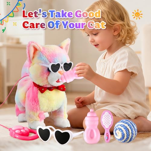 Rainbow Walking Cat Toy for Kids Kitty Toys for Girls Kitten Set that Talking Meows Singing Dancing Repeat What You Say Touch and Voice Control Plush Electronic Robot Kitties for Baby Toddlers