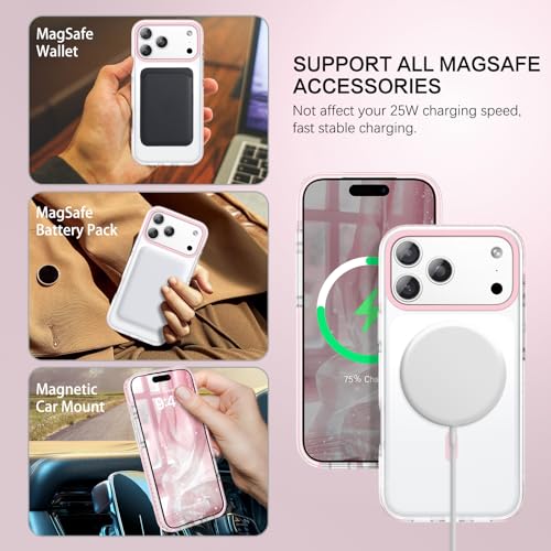BENTOBEN Magnetic for iPhone 17 Pro 6.3" Case, Compatible with Magsafe Military Shockproof Protective Cute Transparent Slim Anti-Yellowing Phone Case for iPhone 17 Pro Cover, Clear Pink