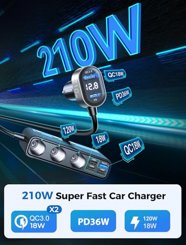 9 in 1 Cigarette Lighter Splitter, JOYROOM 210W Cigarette Lighter Adapter with PD/QC 3.0 * 2 Charge(3.3FT Cable), 12V/24V Independent Switches DC Cigarette Outlet Car Charger for All Car Devices