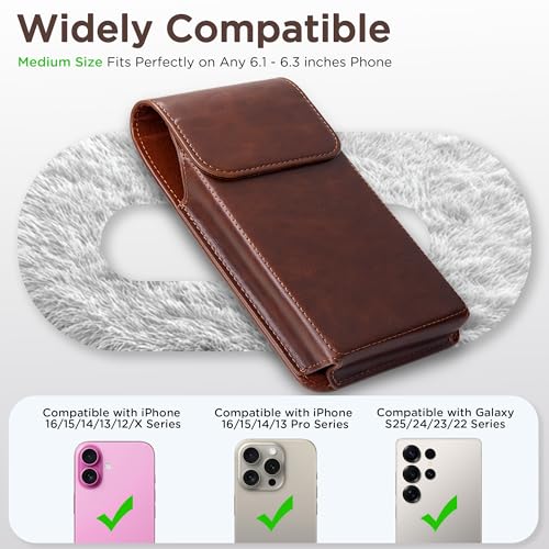 Holster for iPhone 17, 17 Pro, 16, 16 Pro, 15, 15 Pro, 14, 14 Pro, 13, 13 Pro, 12, Galaxy S26, S25, S24, Premium Leather Pouch with Belt Clip Phone Holster Belt Case, Coffee -M