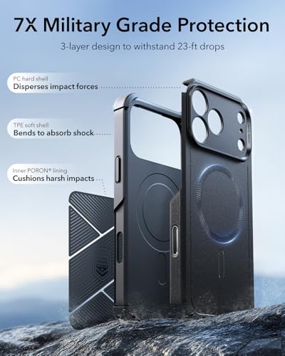 ESR for iPhone 17 Pro Phone Case, 23ft Military-Grade Drop Protection, Shock-Absorbing Rugged Cover, MagSafe Accessories Compatible, Cyber Series, Black
