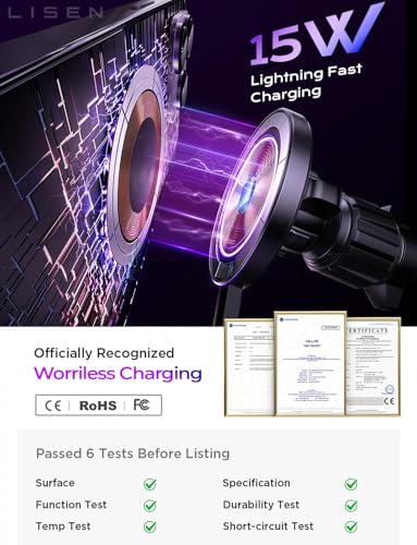 LISEN for 15W MagSafe Car Mount Charger, Magnetic Wireless Car Charger, Dashboard & Air Vent Magnetic Phone Holder for Your Car Phone Holder, Jeep Ford F150 Accessories for iPhone 17-12,Samsung, Pixel