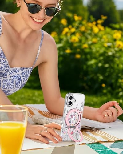 Loheckle for iPhone 17 Case with Stand- Compatible with MagSafe Women Girls Cute Clear Girly Aesthetic Unique Design Soft TPU Magnetic Ring Phone Cover for Apple 17, Purple Flower