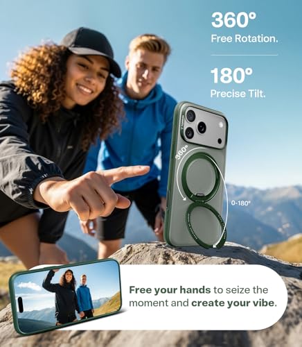 TORRAS 360 Magnetic Stand for iPhone 17 Pro Case, Ostand 3.0[Fit for MagSafe][4X Mil-Grade Shockproof] Rotatable Kickstand Protective Cover, Camera Control Button, Translucent Pine Green, O3 Fitness
