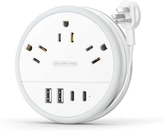 NTONPOWER Travel Power Strip, Travel Essentials, Cruise Essentials 3 Outlets 4 USB Ports(2 USB C), 4FT Wrapped Around Extension Cord for Travel Cruise Ship Beach Vacation Essentials White