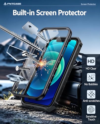 FNTCASE for iPhone 12 Phone Case: for iPhone 12 Pro Phone Case Military Grade Drop Proof Rugged Protective Cover with Kickstand | Matte Textured Shockproof TPU Hybrid Bumper Cases 6.1 inch - Black
