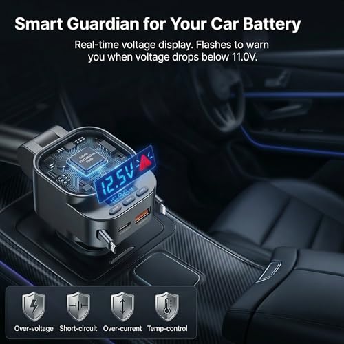 Bluetooth Car Adapter FM Transmitter, 96W Retractable Charger, 4-in-1 Bluetooth 5.3 USB C Aux Adapter for Music & Hands-Free Calls, Wireless Radio Receiver for iPhone 17 16 15 SUV Truck RV