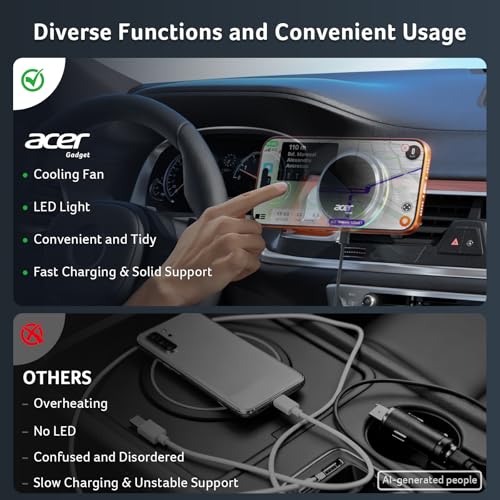 Acer Gadget 25W for MagSafe Car Mount Charger, Wireless Car Charger with Cooling Fan & Backlight, Vent Phone Mount with 45W Car Adapter, 360° Rotation Magnetic Phone Holder for iPhone 17/16/15/14/13