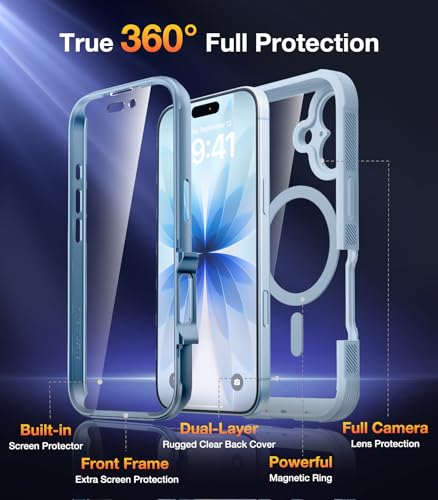 Diaclara Magnetic Designed for iPhone 17 Case 6.3 Inch Full Body Bumper,[Compatible with MagSafe] Military Drop Proof Cover with Built-in Touch Sensitive Anti-Scratch Screen Protector Blue