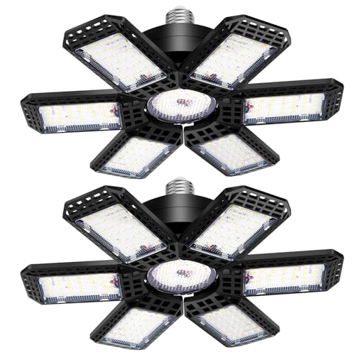 2 Pack Garage Lights, 200W 20000LM 6500K LED Shop Lights, Garage Light Ceiling Led with 6+1 Deformable Panels, Screw in E26/E27 Socket Bulb for Warehouse, Workshop, Basement, Barn Lighting