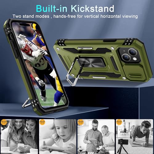 DEERLAMN Case for iPhone 15 with Slide Camera Cover + Screen Protector (2 Packs), Rotated Ring Kickstand Military Grade Shockproof Protective Cover-Olive Green