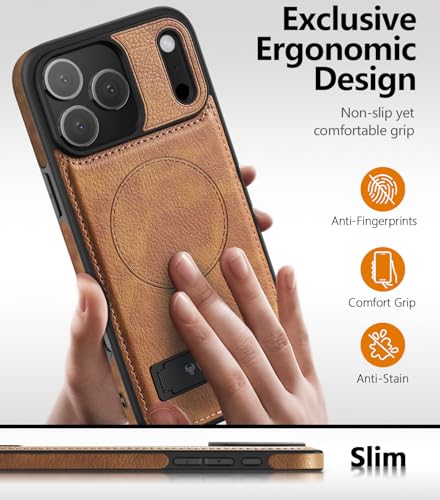 WTCASE Magnetic for iPhone 17 Pro Leather Case,Built-in Invisible Stand [Compatible with Magsafe] Protective Slim Kickstand Phone Cover for iPhone 17 Pro Case, Brown