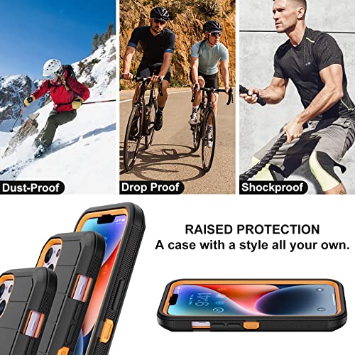 for iPhone 14 Case with 2 Screen Protector,Full Body Shockproof Drop Protection Dust Proof Heavy Duty 3-Layer Rugged Durable Military Grade Cover for Apple iPhone 14 6.1" (Black/Oranger)