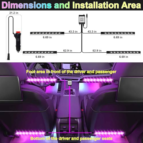 BFXM Car Interior Lights, 12V LED Strip Lights with Cigarette Lighter Adapter, Ambient Lighting Car Accessories, App & Remote Control Music Sync Color Change Lights for Truck Car Decor (36LED Beads)