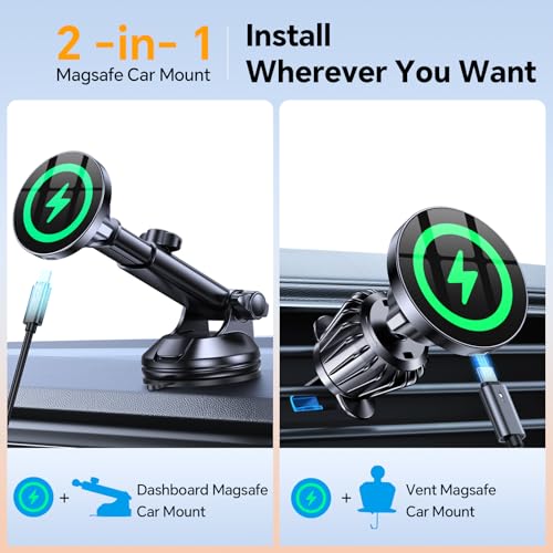 Coolpow for MagSafe Car Mount Charger【Ultra Magnet】Magnetic Phone Holders for Your Car Charger Magnetic Wireless Car Phone Holder Charger Car Accessories for Women Cell Phone Mount for iPhone 17 16 15