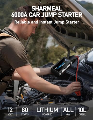 Sharmeal Jump Starter 6000A, 12V Car Battery Jump Starter (Up to All Gas or 10.0L Diesel Engine), Battery Booster with 3 Modes Flashlight and Jumper Cable