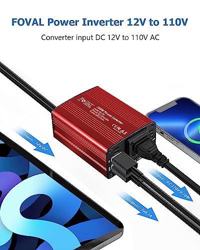FOVAL 150W Car Power Inverter 12V DC to 110V AC Converter Vehicle Adapter Plug Outlet with 3.1A Dual USB Car Charger for Laptop Computer (Classic Red)