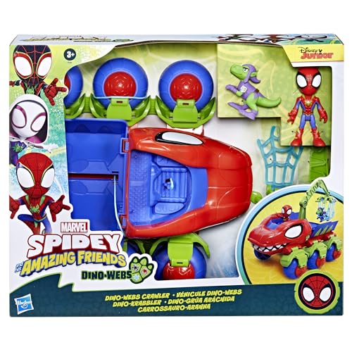 Spidey and his Amazing Friends Marvel Dino-Webs Crawler Toy Car Playset, Spider-Man & Goblin Raptor 4-Inch Action Figures, Kids Ages 3 & Up