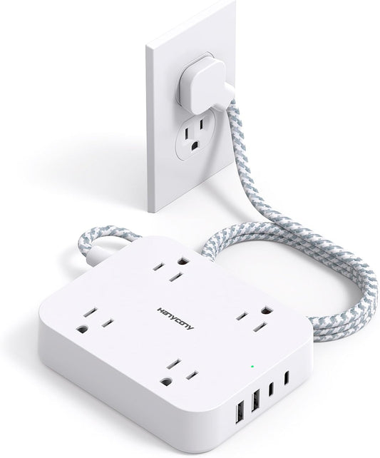 Flat Plug Extension Cord, HANYCONY 5ft Power Strip with 4 USB Ports(2 USB C), 4 Widely Outlets Extender, Wall Mount, Desk Charging Station for Office School Travel Dorm Room Essentials, ETL Listed