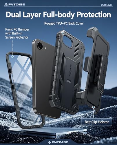 FNTCASE for iPhone 17e Phone Case: for iPhone 16e Case Military Grade Rugged Case with Kickstand & Holster | Shockproof TPU Protection Bumper Matte Textured Design | Heavy Duty Protector Black