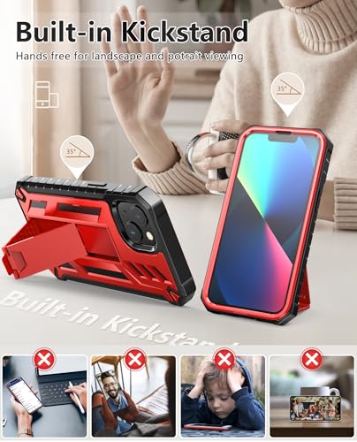 SOiOS for iPhone 13/14/15 Phone Case: for iPhone 16e Protective Cover with Built-in Kickstand | Heavy Duty Military Grade Hard Protection Shock Proof | Durable Dual-Layer Design Red